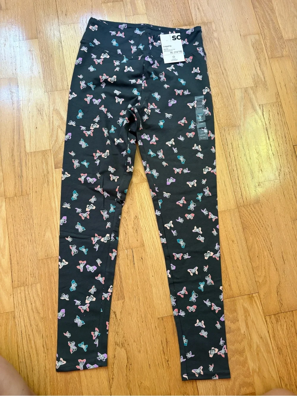 SO Girls' Dark Grey Leggings with Multicolor Butterfly Print